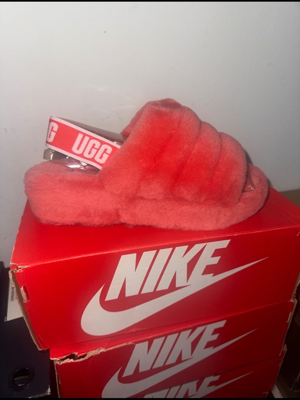 UGG Coral Plush Slide with Logo Heel Strap